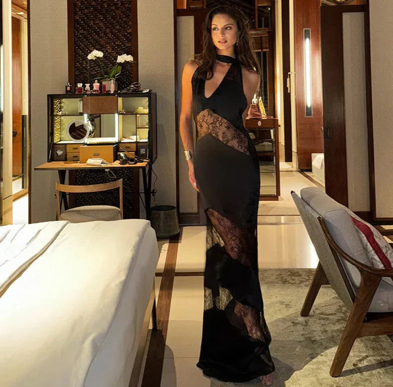 Lace See Through Sleeveless Long Dress