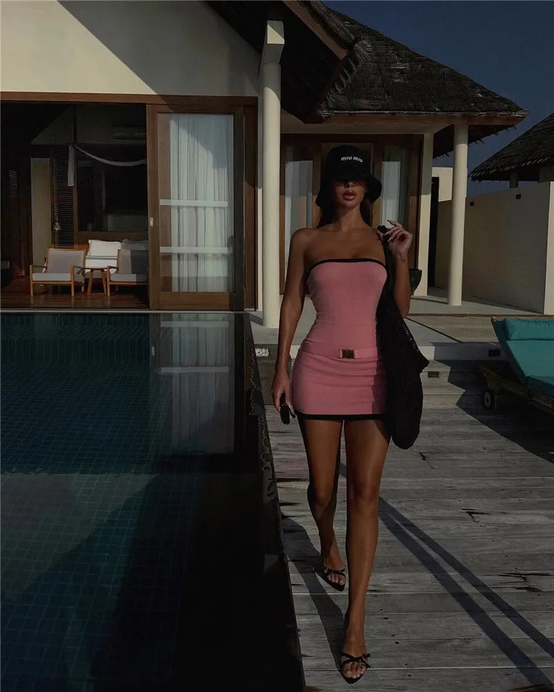 Two - Tone Strapless Ribbed Belt Mini Dress