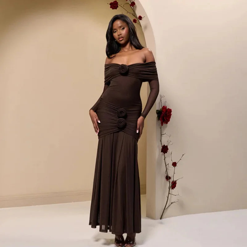 3D Flower - appliqué Mesh Long Sleeve Fishtail Maxi Dress