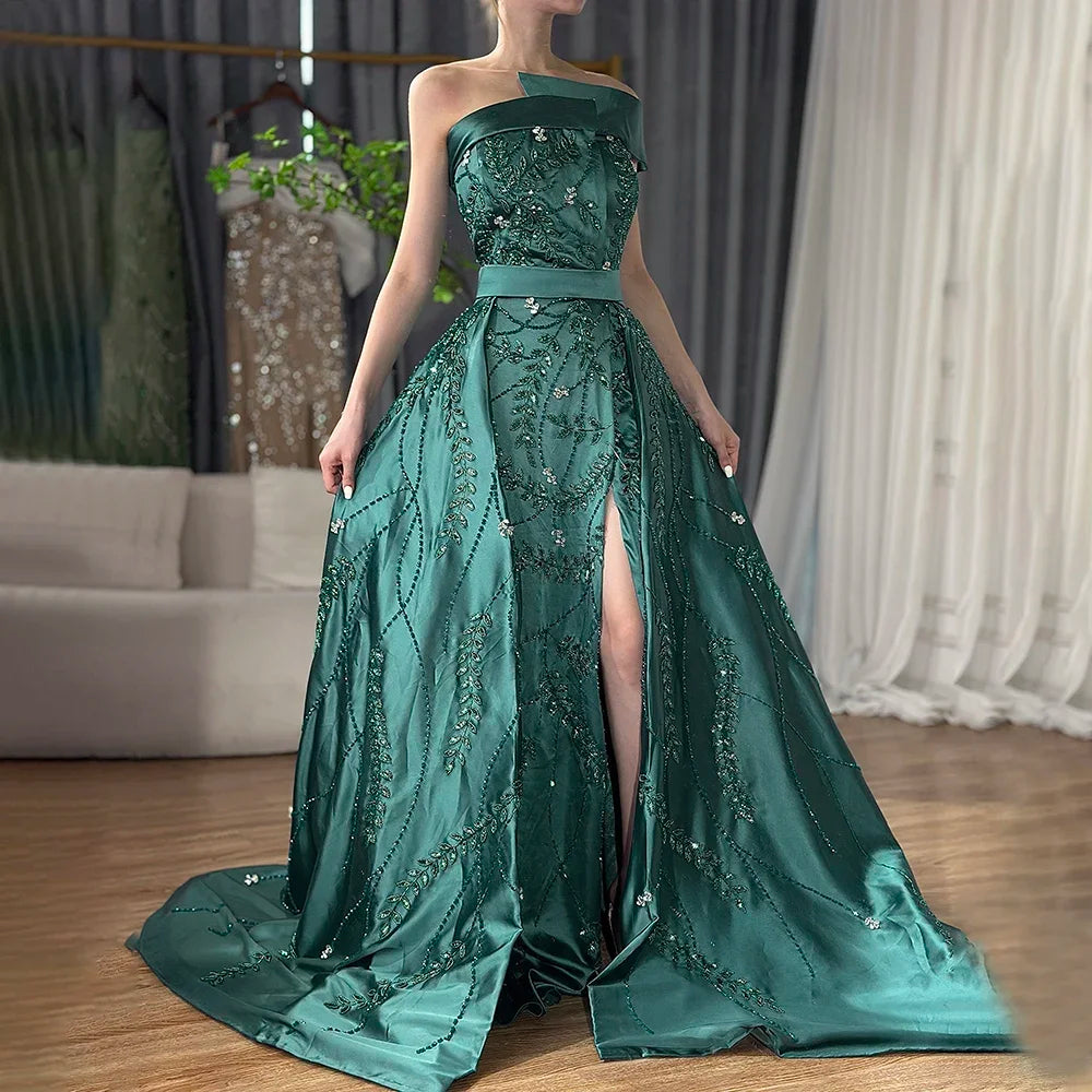 Zapdress Customized 2024 Green One-Shoulder Satin Evening Gown Beaded Dress with Overskirt and Split for Women (ZD17391) - VelvetHem