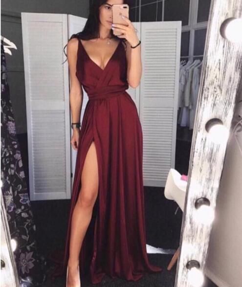 Simple Burgundy V-Neck Satin Prom Dress Long Evening Dress With Split S6547