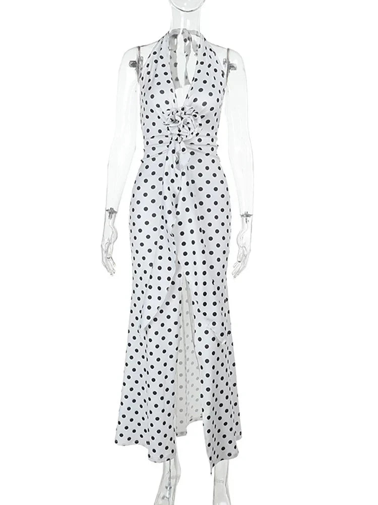 3D Flowers Polka Dot Print Backless Dress