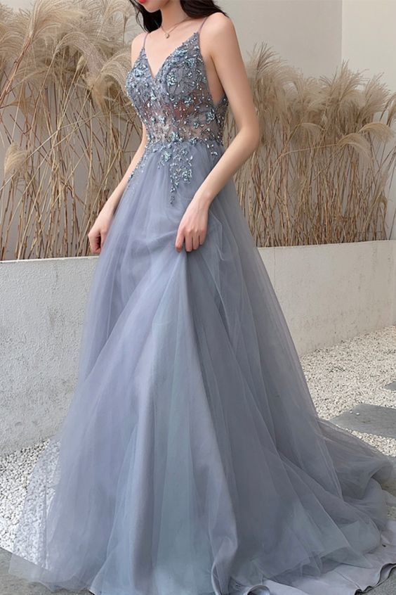 dusty blue long prom dress with spaghetti straps and beaded bodice evening dress S7915 - VelvetHem
