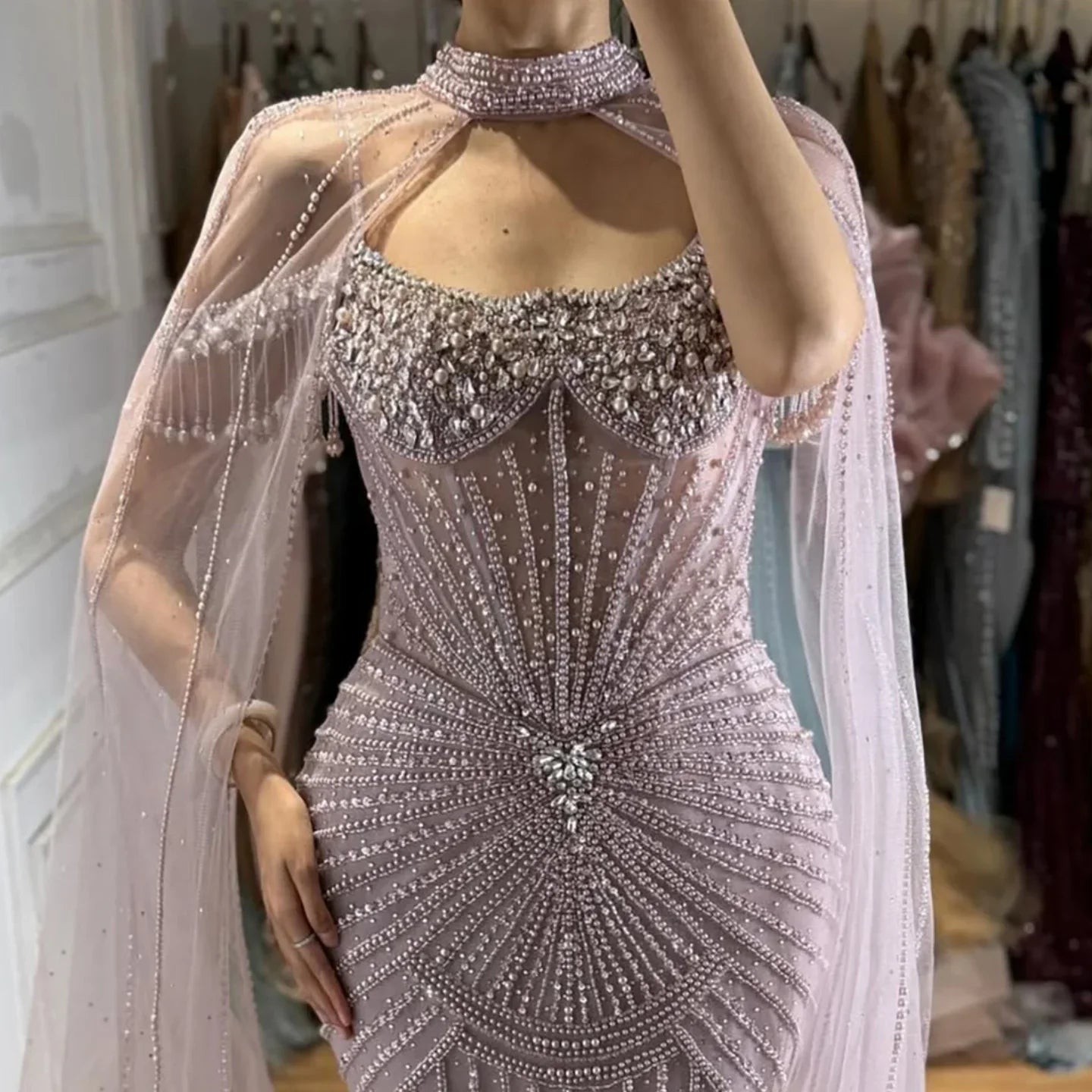 Zapdress 2026 Pearl Beaded Mermaid Caramel Evening Dresses Elegant Formal Party Gown with Sheer Cape Customized DLA73148C (ZD17292)