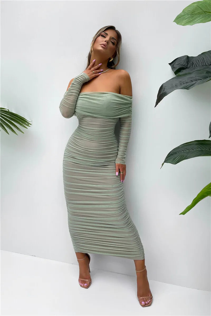 Off - shoulder Slash Neck Solid Maxi Dress