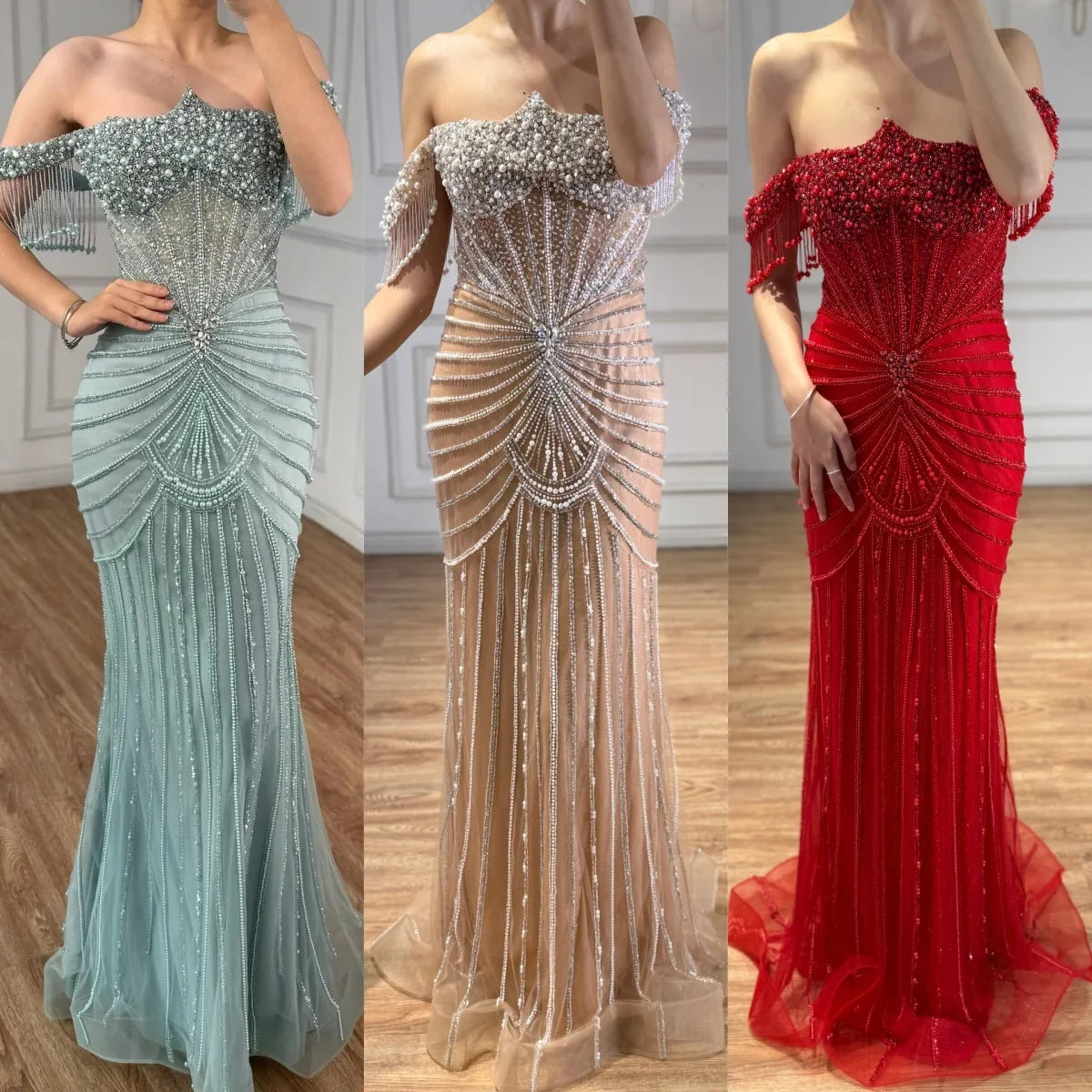 Zapdress Red Mermaid Beaded Pearl Off-Shoulder Evening Gown 2026 High End Couture Party Dress for Women Customized DLA73148A (ZD17309)