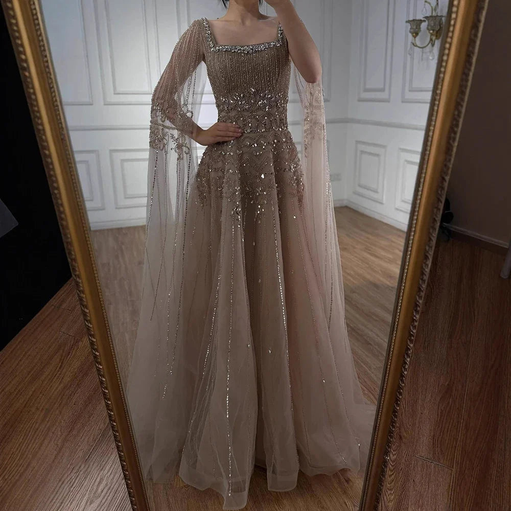 Zapdress Red Square Collar A-Line Beaded Evening Dress with Cape Sleeves 2026 Party Gowns for Women DLA73089A Customized (ZD17190)