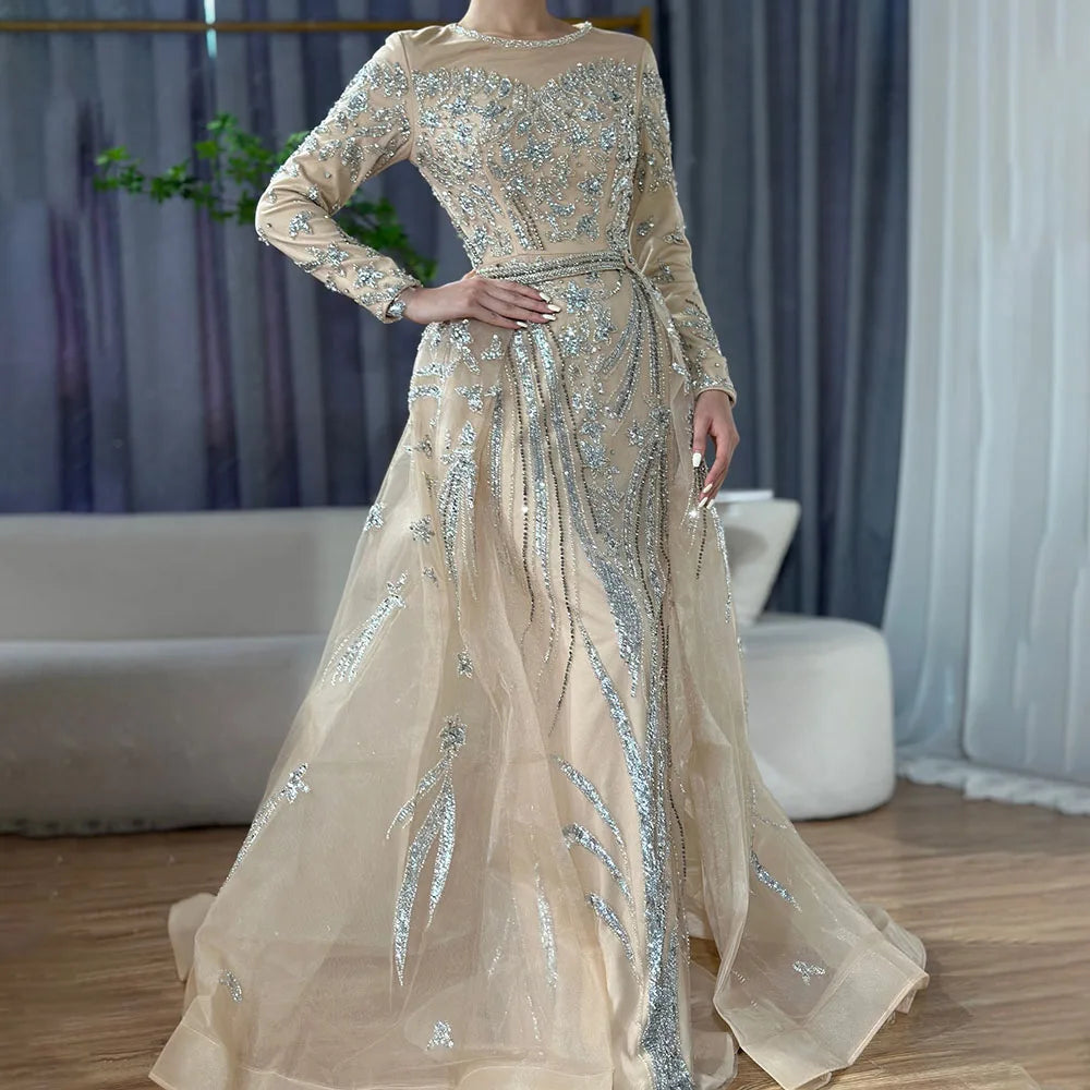 Zapdress Customized Nude Long Sleeves Mermaid Beaded Muslim Evening Dresses Overskirt Dubai Party Gowns For Women (ZD17233) - VelvetHem