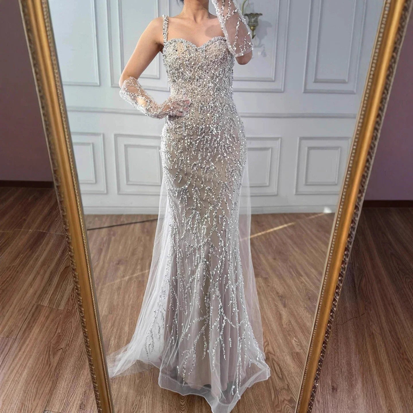 Zapdress White Nude Mermaid Pearls Evening Dresses with Gloves Wedding Party Gowns for Women 2026 Customized DLA72345E (ZD17304)
