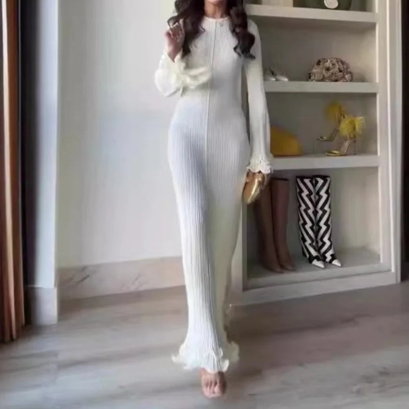 Autumn Ladies Elegant Flared Sleeve Knitted Dress Women Fashion Crew Neck White Slim Robes Summer Female Party Dresses