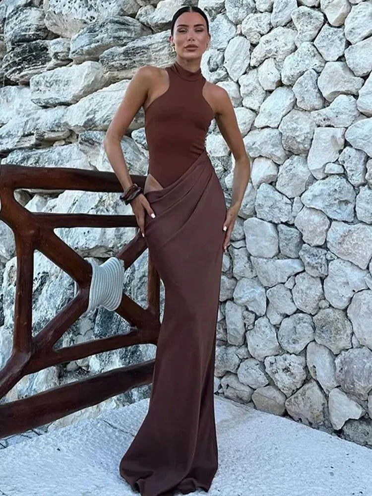 Satin Hollow Out Black Maxi Dress - VelvetHem