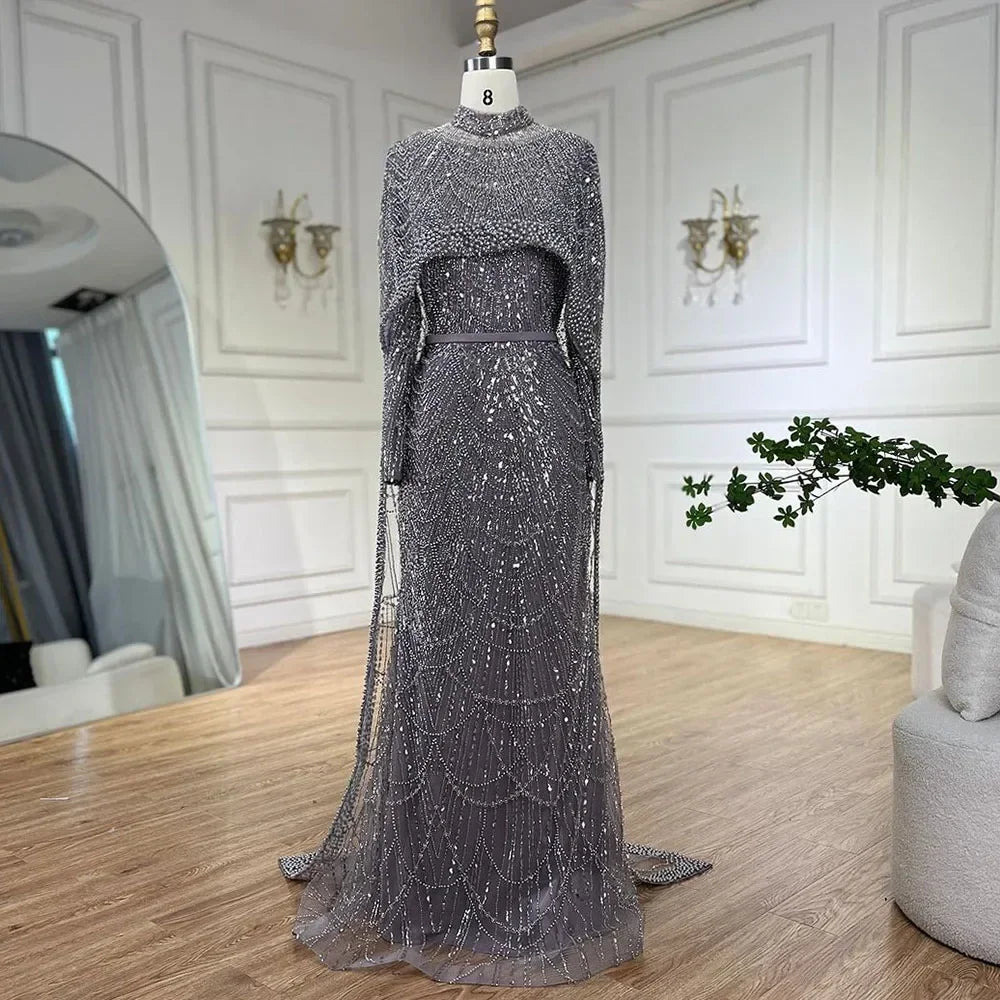 Zapdress Customized Muslim Hijab Sage Green Long Sleeves Evening Dresses with Cape Dubai 2024 Party Gowns For Women LA72032M (ZD17199)