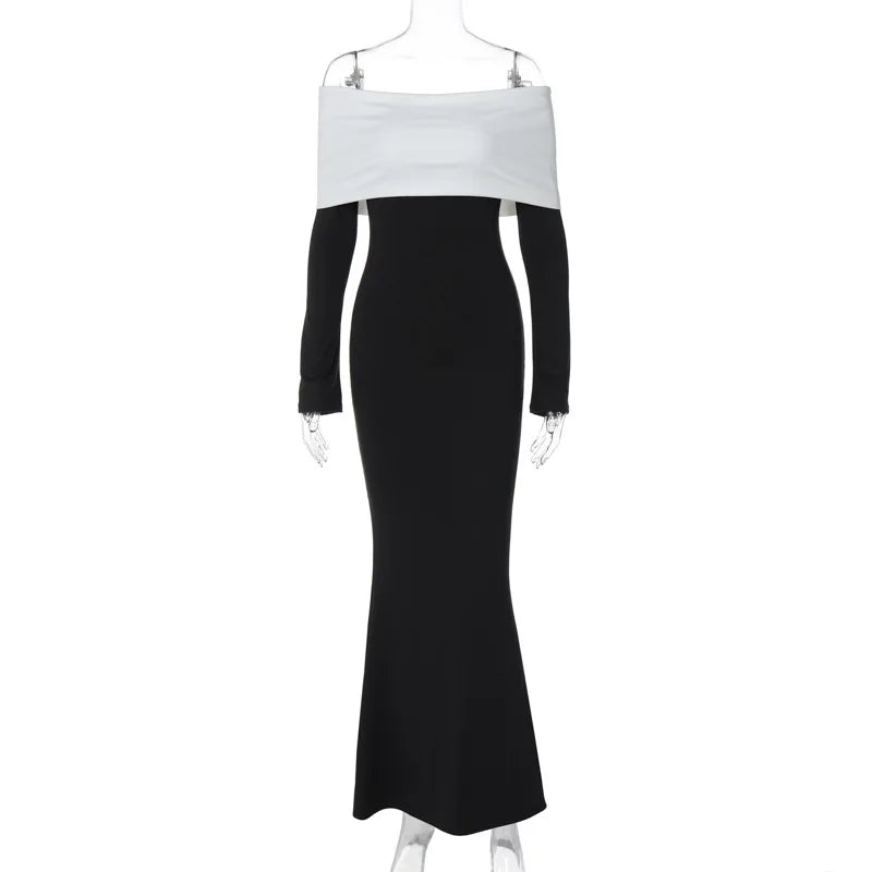 Black & White Off - the - Shoulder Maxi Dress with Long Sleeves