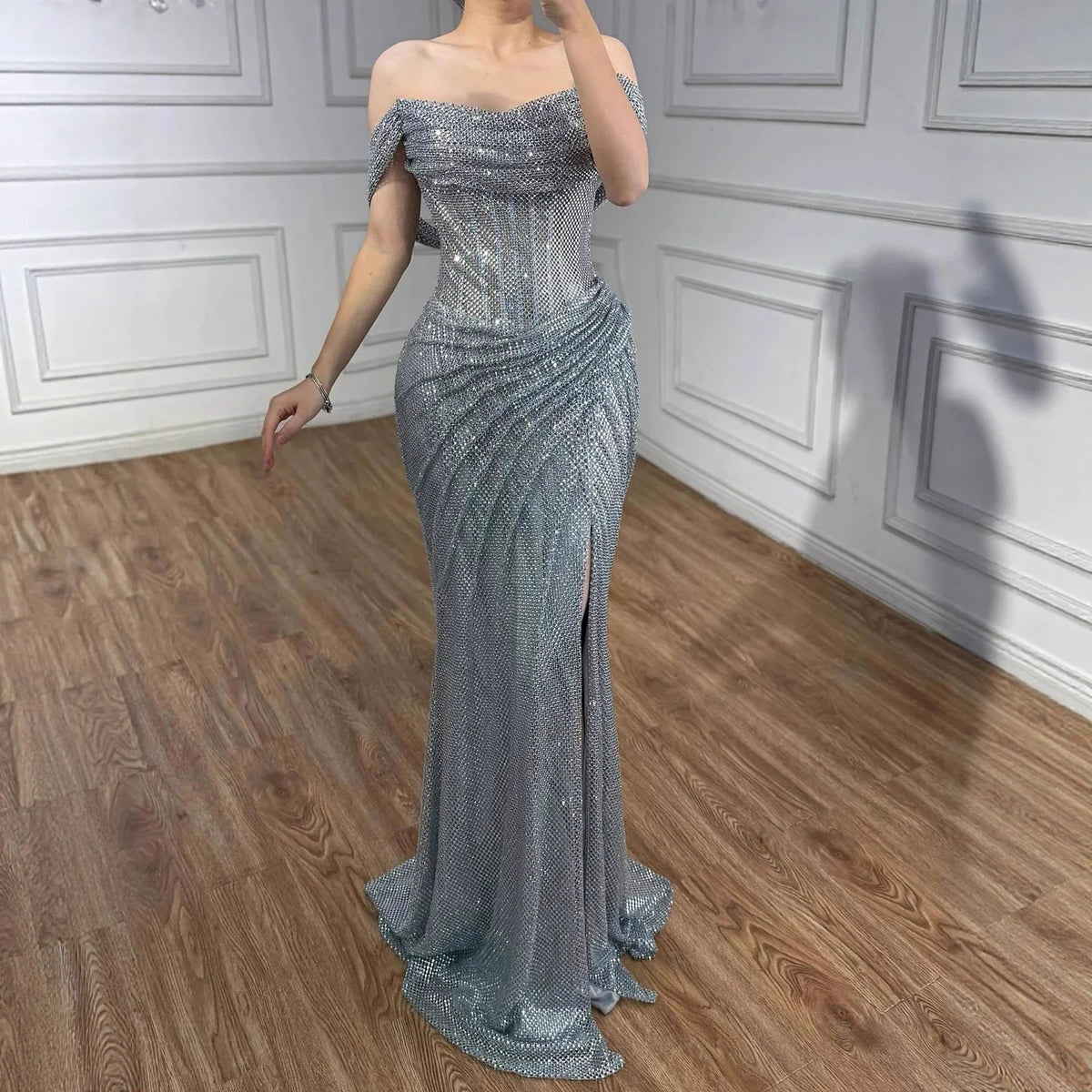 Zapdress 2026 Silver Off Shoulder Mermaid Sparkle Evening Dress Elegant Wedding Party Gowns for Women Customized (ZD17182)