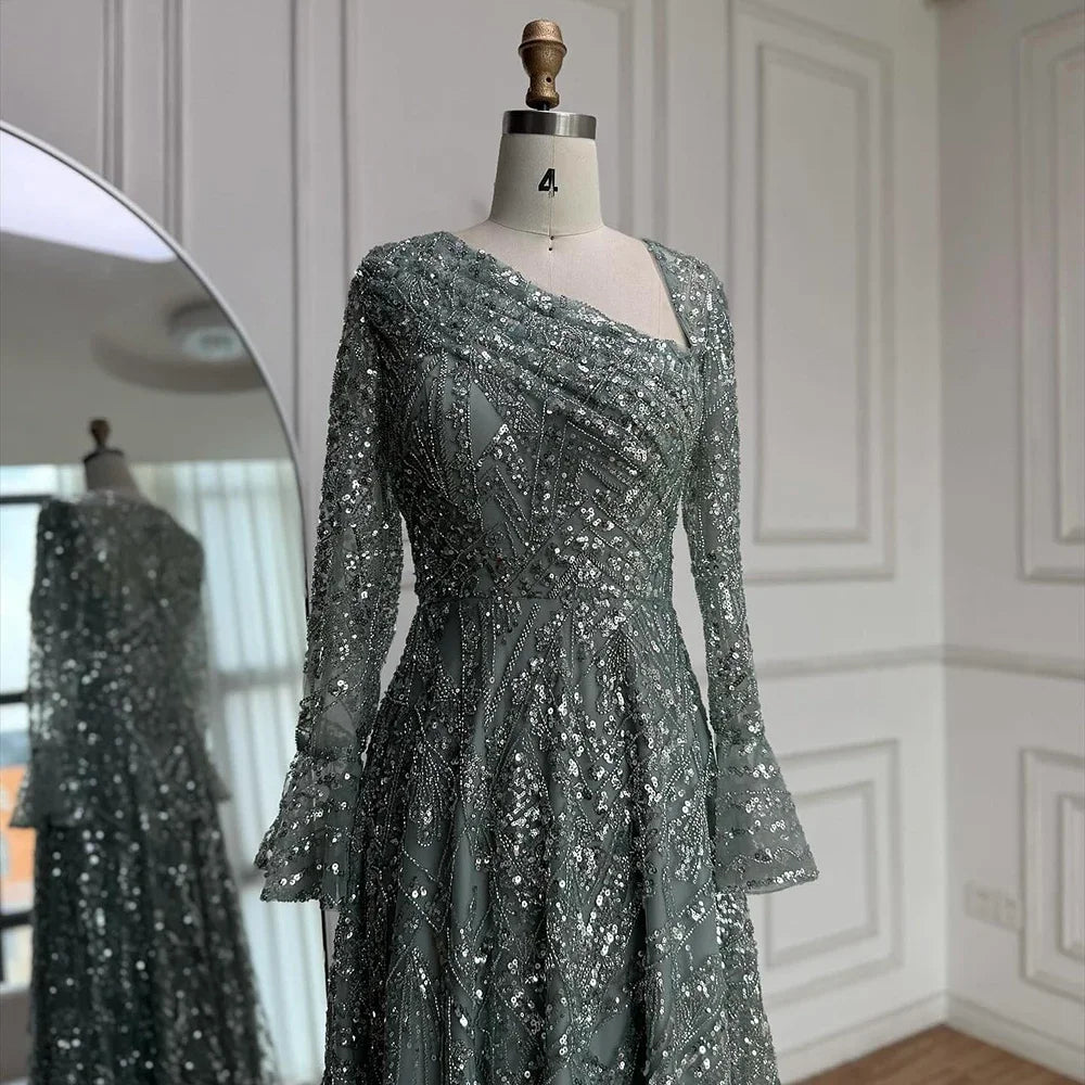 Zapdress Turquoise Long Sleeves A Line Pearls Beaded Evening Dresses Elegant Party Gowns for Women DLA73177 Customized (ZD17208) - VelvetHem