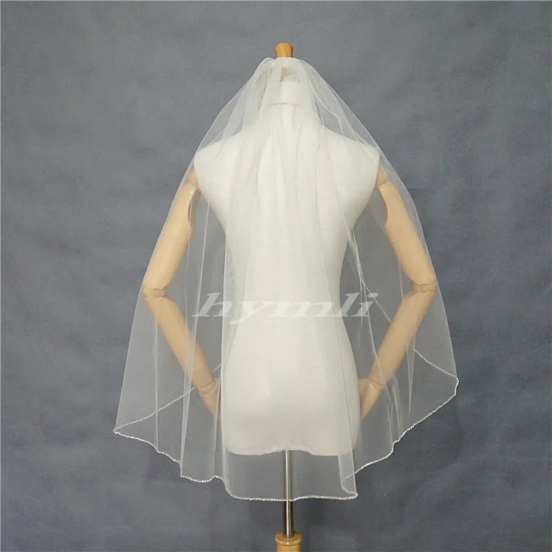 Handmade 1-Layer Beaded Veil in White , Off-White , Champagne with Metal Comb Bridal Headwear - View 2 | VelvetHem