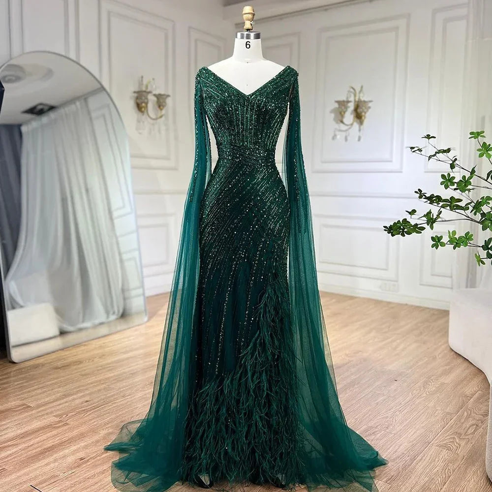 Zapdress Black Mermaid Cape Sleeves Feathers Beaded Evening Dresses Party Gowns with Split for Women DLA72216 Customized (ZD17215)