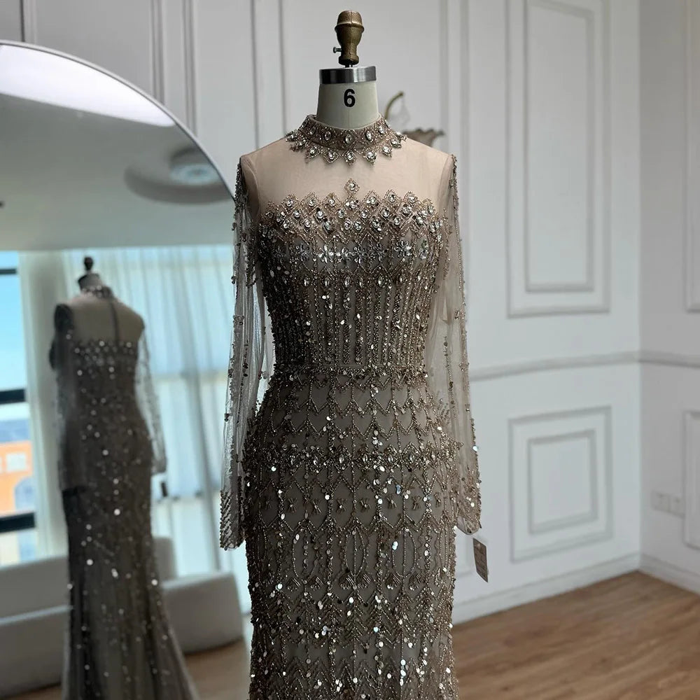 Zapdress High Neck Long Sleeves Beaded Mermaid Evening Dress Muslim Wedding Party Gowns for Women DLA72714C Customized (ZD17264)