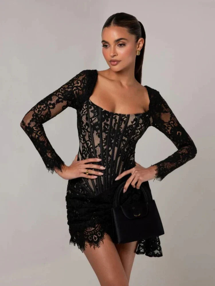 Corset Draped Square Collar Ruched Lace Dress - VelvetHem