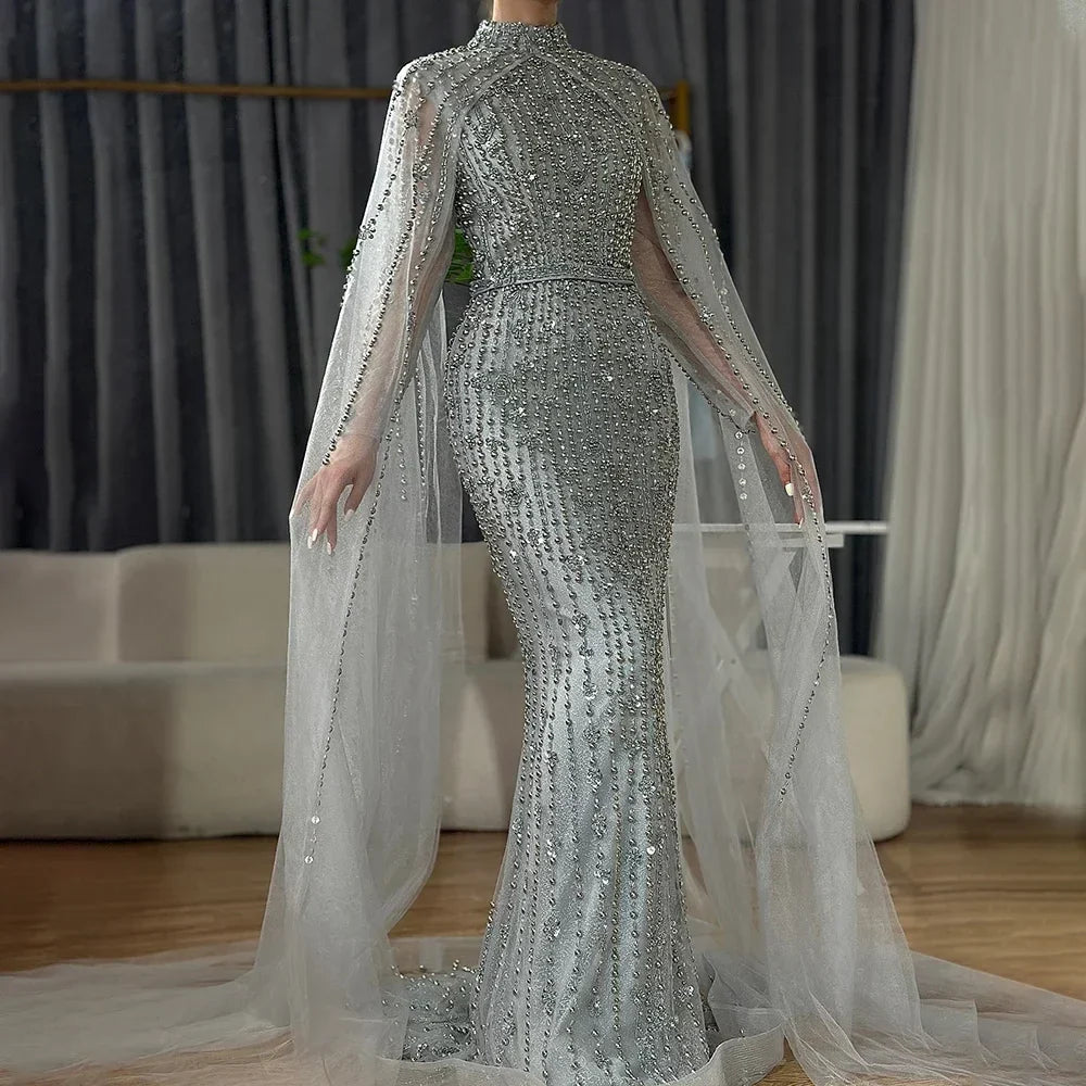 Dubai Grey Mermaid Cape Sleeves Pearls Beaded Elegant Evening Dresses Gowns 2025 Wedding Party DLA72372 Customized (ZD17362) - VelvetHem