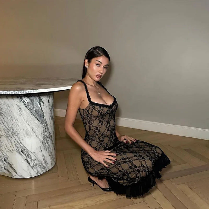 Mesh Lace Plunge Neck Midi Dress - VelvetHem