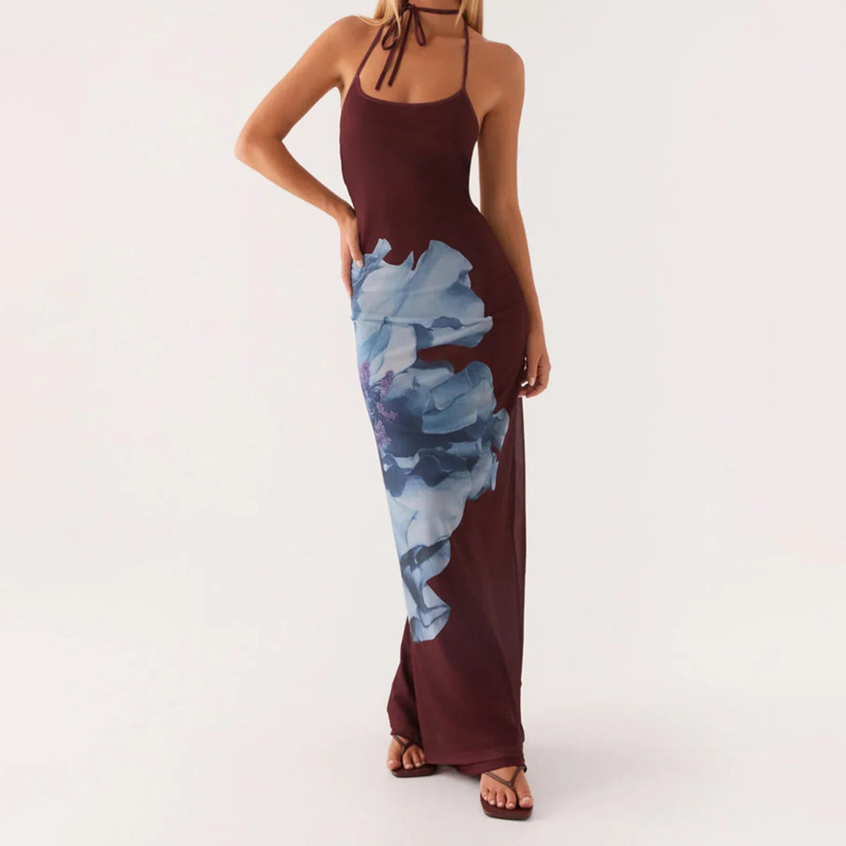 Sleeveless Lace-up Open Back Floral Print Slip Dress - VelvetHem