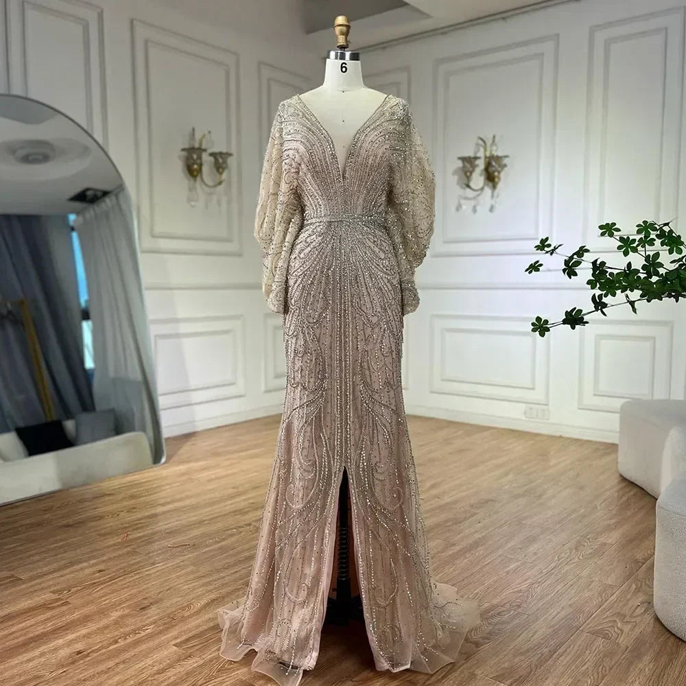 Zapdress Nude V-neck Mermaid Beaded Evening Dresses 2025 Wedding Party Gowns For Women DLA72288A Customized (ZD17221) - VelvetHem