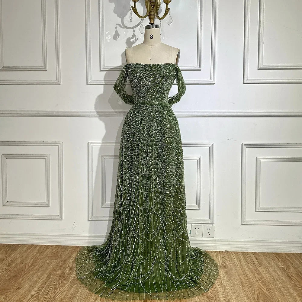 Zapdress 2025 Customized Dubai Olive Green A Line Off Shoulder Evening Dresses With Pearl Beaded Design For Party DLA72738A (ZD17321) - VelvetHem