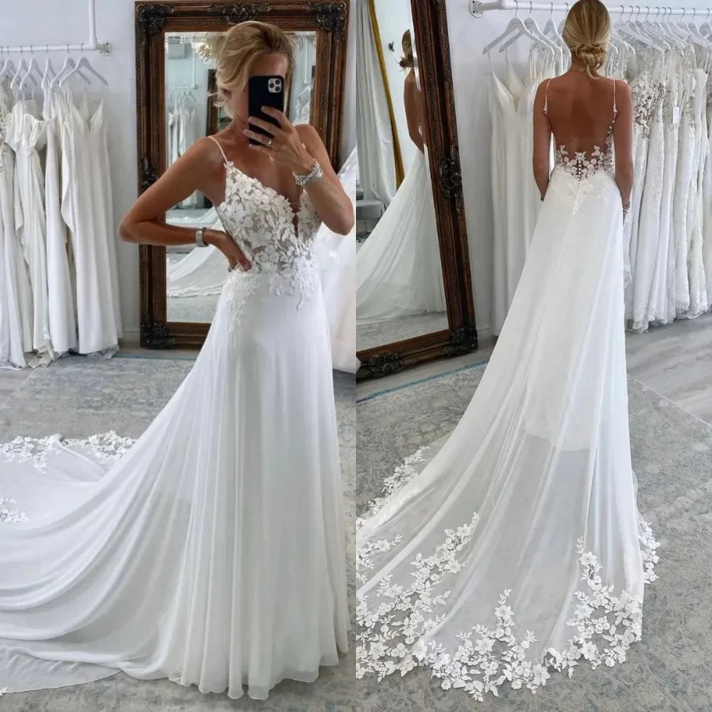 Beach Chiffon Wedding Dress Backless V-Neck Spaghetti Straps A-Line Bridal Gown with Lace Appliqu�s - VelvetHem