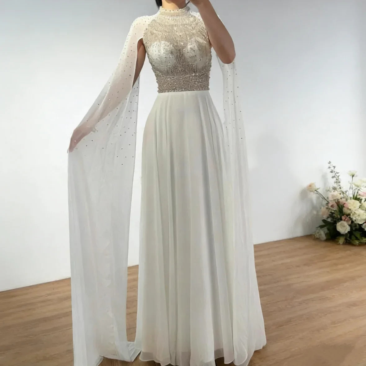 Zapdress White Chiffon A-line Evening Dress with Cape Sleeves Simple Wedding Party Gowns for Bridesmaid Customized (ZD17338) - VelvetHem