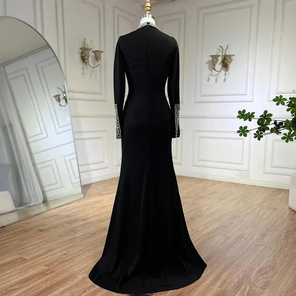 Zapdress Customized Black Satin Mock Neck Mermaid Evening Dresses with Split Simple Party Gowns for Women (ZD17296)