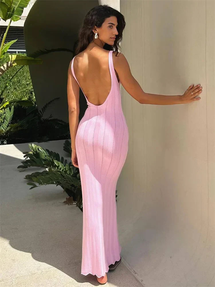 Knit Ribbed Hollow Out Open Back Solid Long Dress