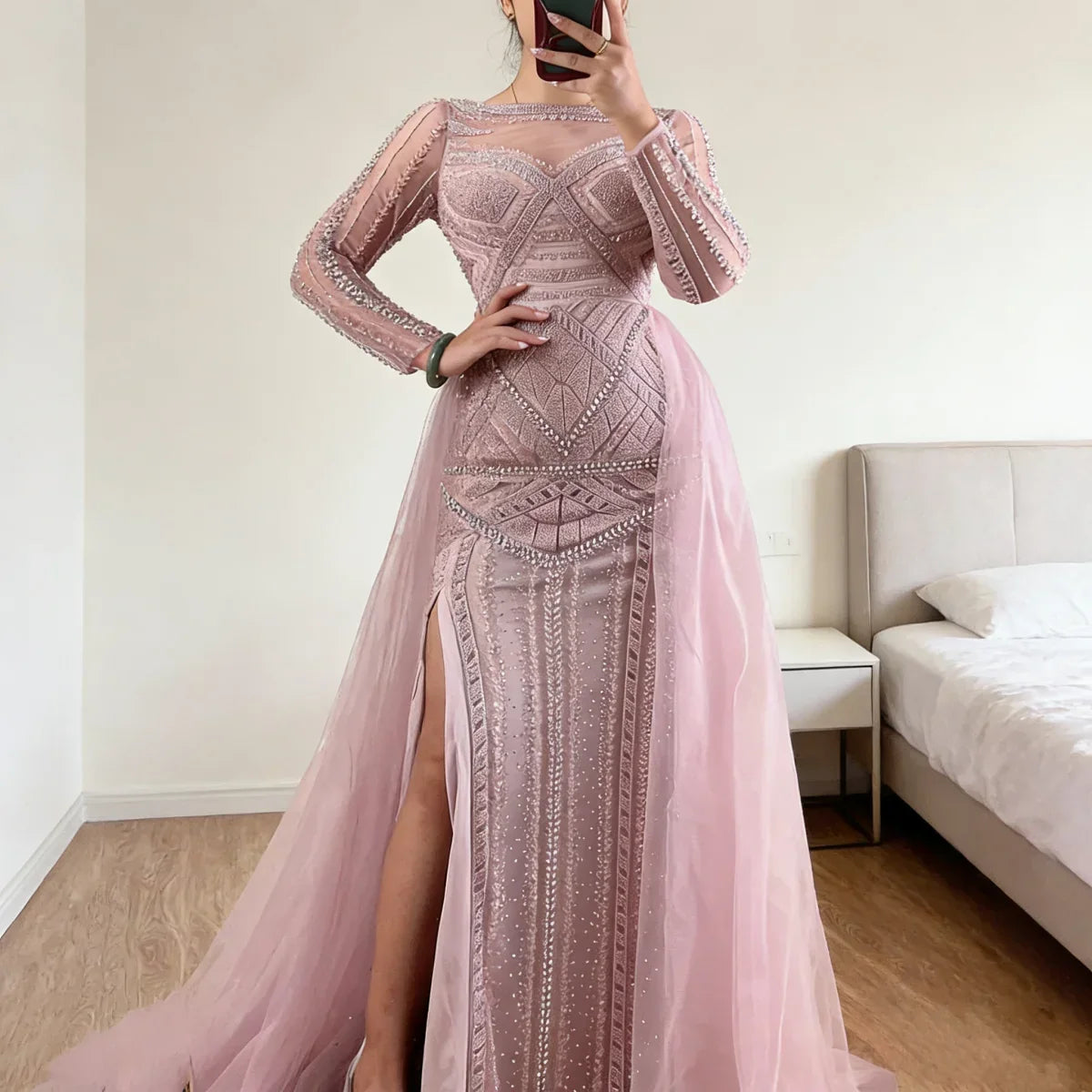 Zapdress Pink Long Sleeves Mermaid Beaded Evening Dress Formal Party Gowns for Women DLA72967 Customized (ZD17207) - VelvetHem