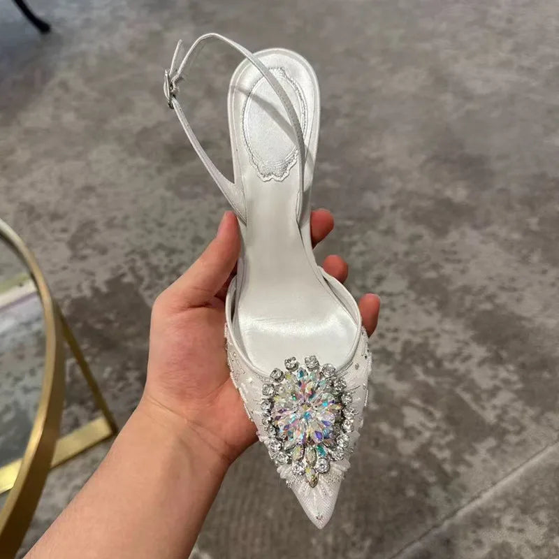 Luxury Diamond Pearls Lace Mesh Women Pumps Elegant Pointed toe Thin High heels Fashion Summer Slingbacks Wedding Party Shoes - View 3 | VelvetHem