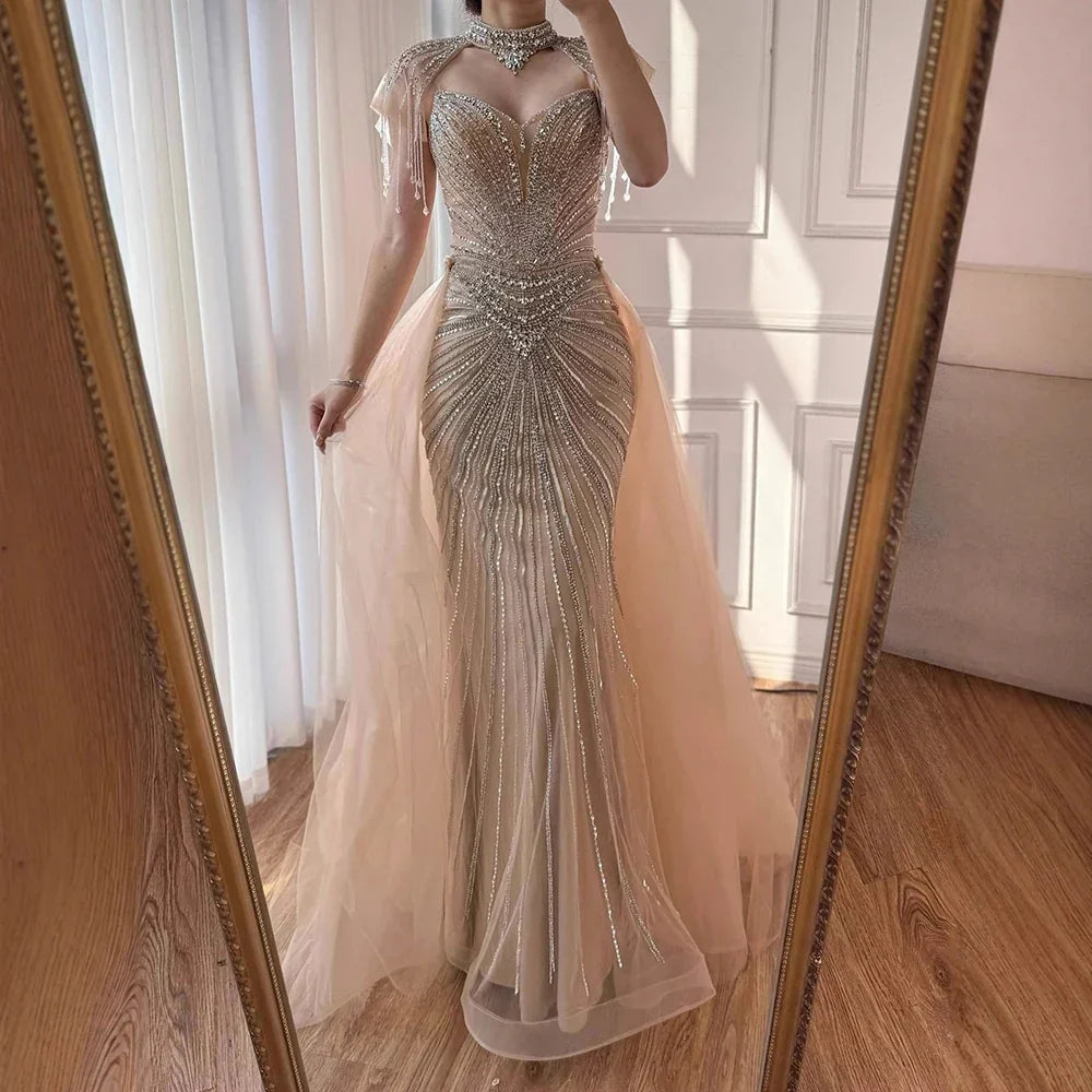 Zapdress Nude Mermaid Tassel Beaded Evening Dress with Detachable Overskirt Formal Party Gown for Women DLA73182 Customized (ZD17178) - VelvetHem