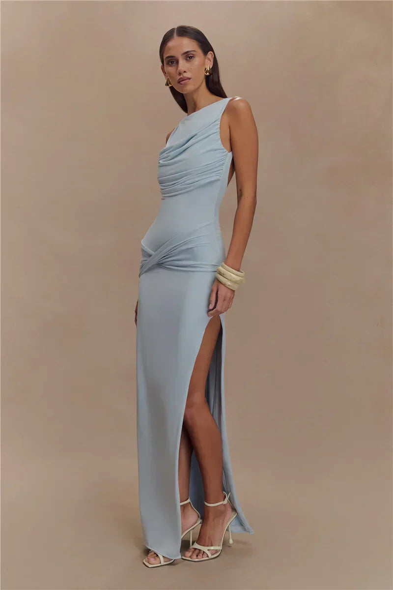 Backless Ruched O Neck Thigh High Split Long Dress