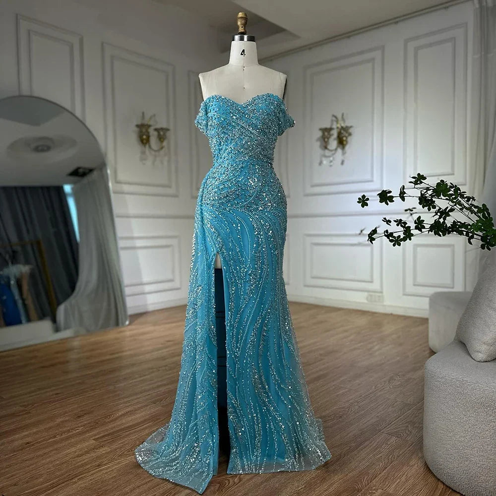 Zapdress Light Blue Off Shoulder Mermaid High Split Beaded Evening Dresses Party Gowns For Women 2025 DLA72262 Customized (ZD17269) - VelvetHem