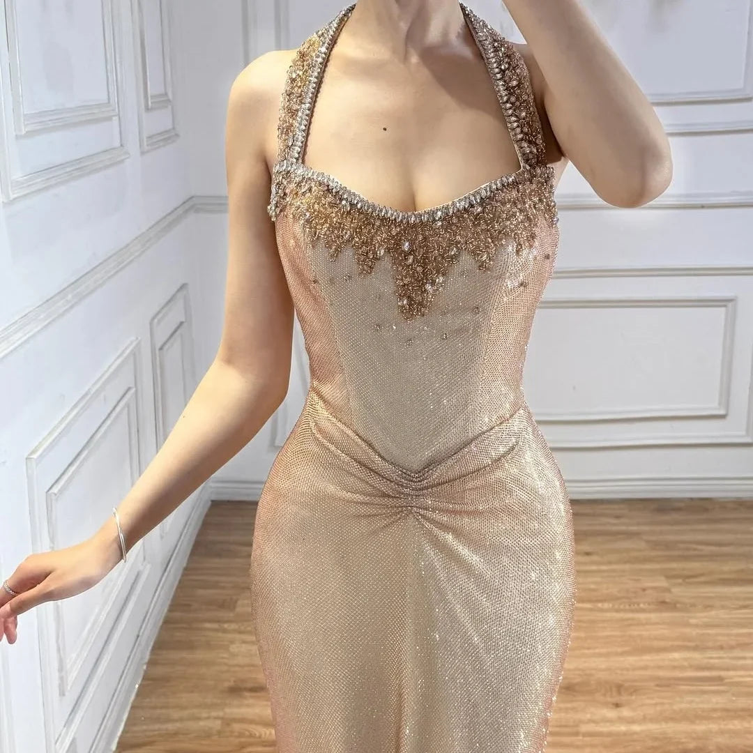 Zapdress Rose Gold Mermaid Beaded Evening Dress Elegant Sparkly Wedding Party Gown with Ruched Waist DLA73410B Customized (ZD17276)