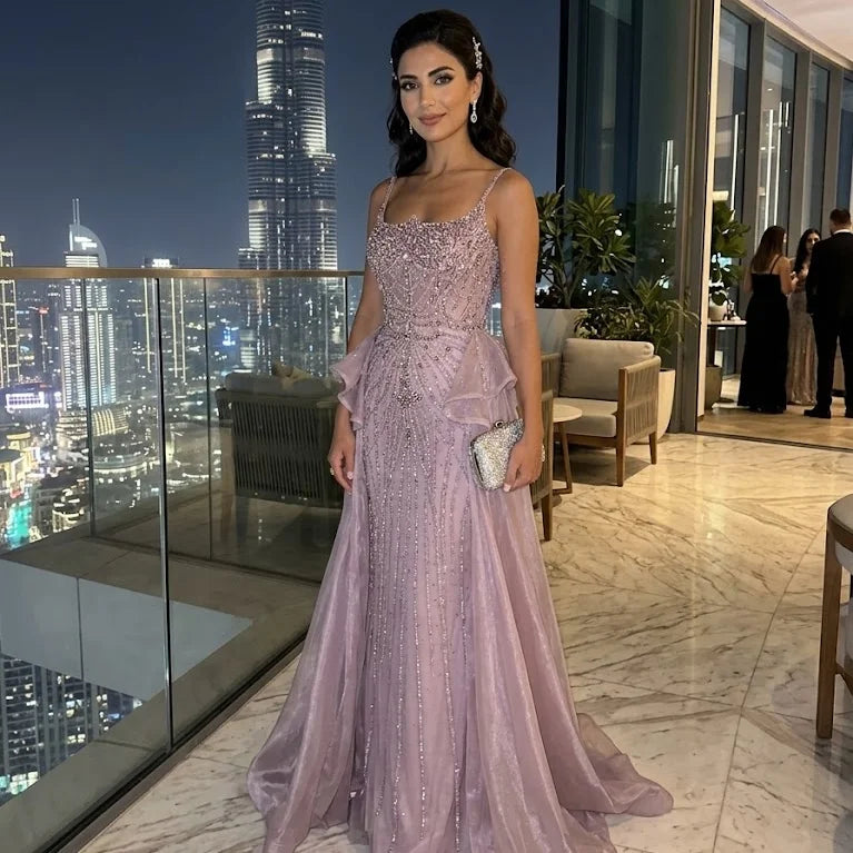 Zapdress 2026 Luxury Caramel Crystal Beaded Spaghetti Strap Mermaid Evening Dress Gowns for Formal Party DLA72810A Customized (ZD17298) - VelvetHem