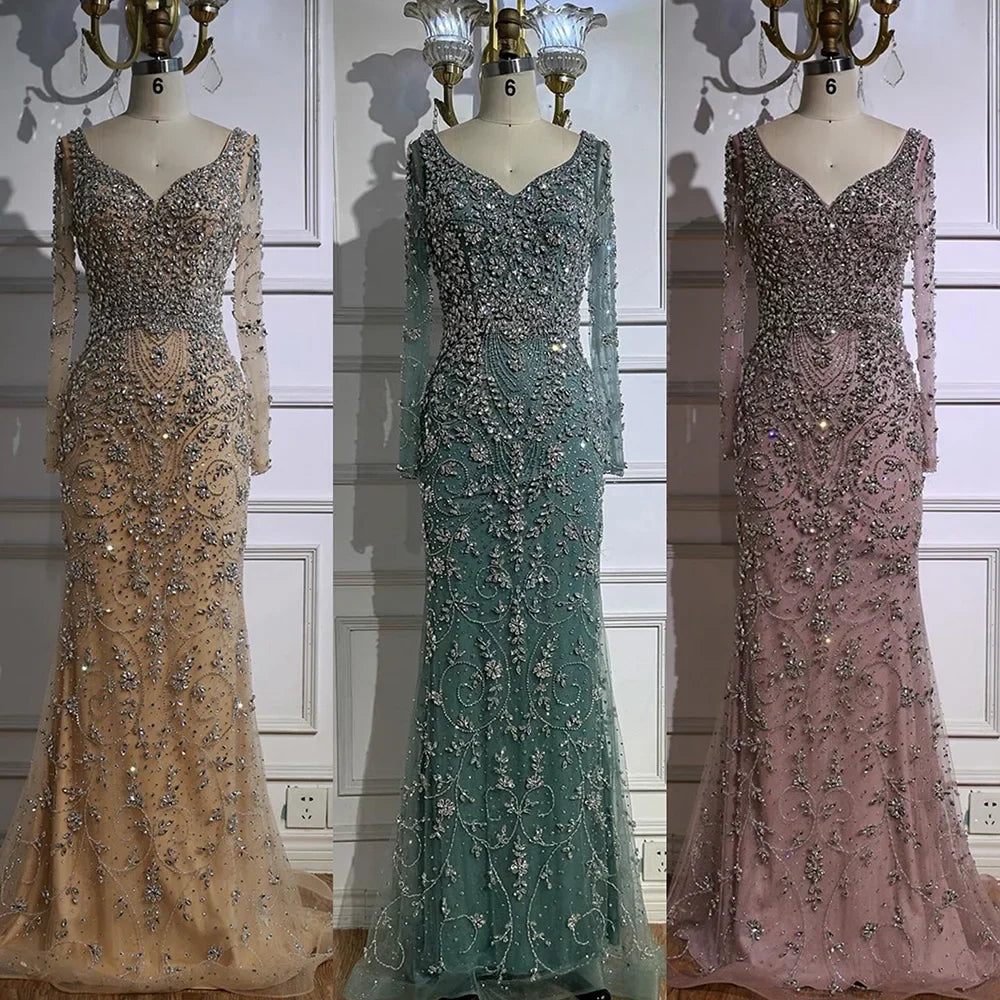 Zapdress Turquoise V-neck Long Sleeve Mermaid Beaded Evening Dresses 2025 Luxury Party Gowns for Women DLA73042 Customized (ZD17314)