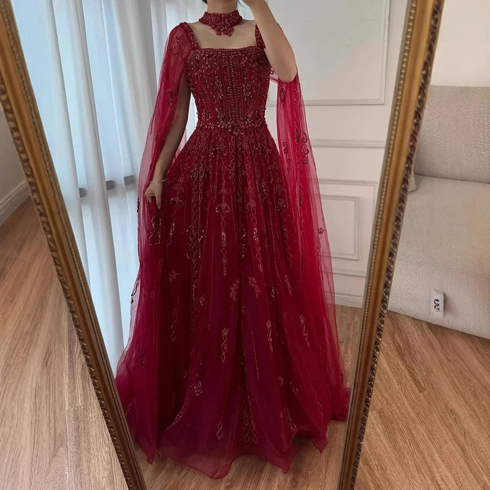 Zapdress Customized 2025 Wine Red A Line Cape Sleeves Luxury Beaded Evening Dresses Formal Party Gowns for Women (ZD17218) - VelvetHem