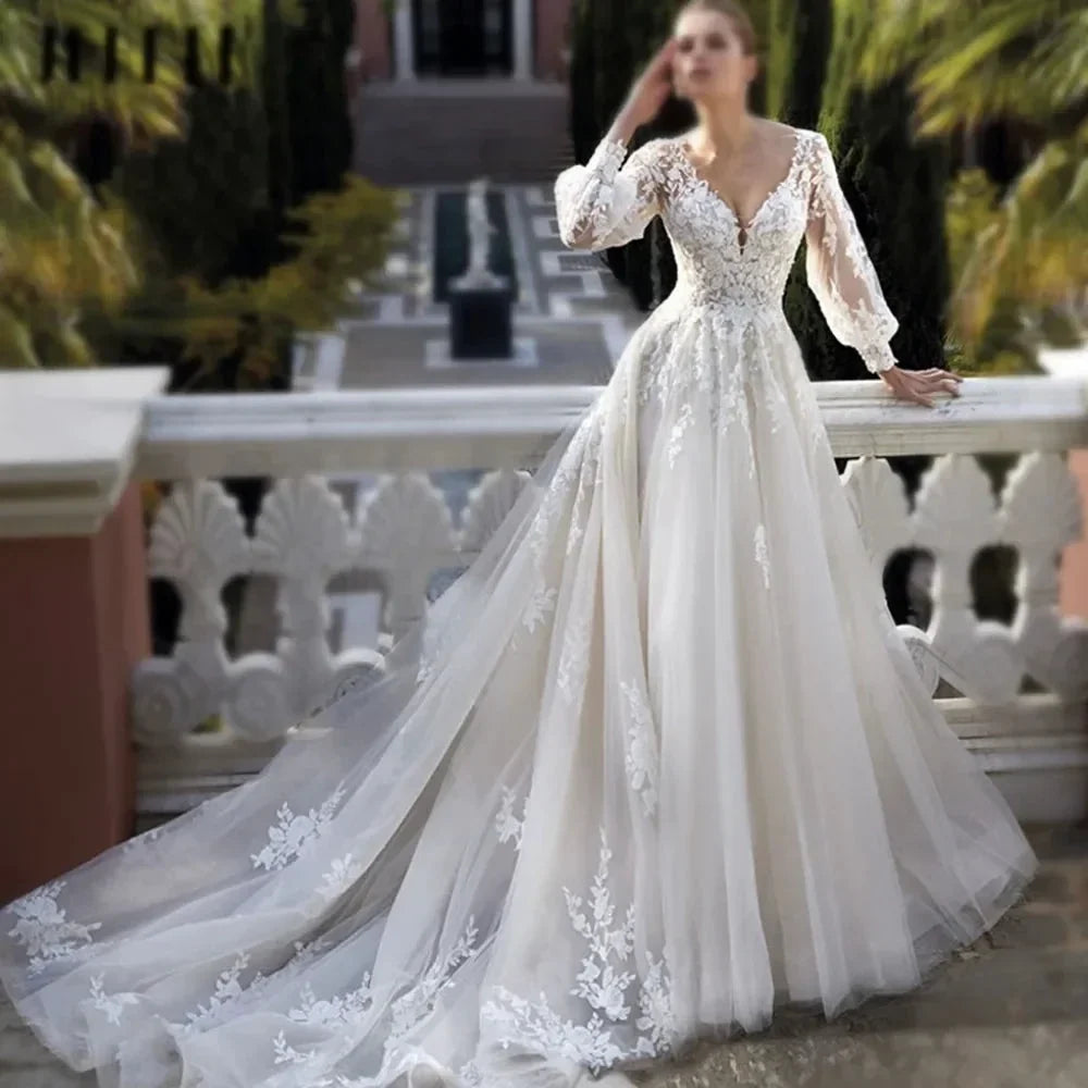 Exquisite Wedding Dresses For Women V Neck Lace Applique A Line Bridal Gowns With Long Puff Sleeves Vestido De Noiva (ZD14072)