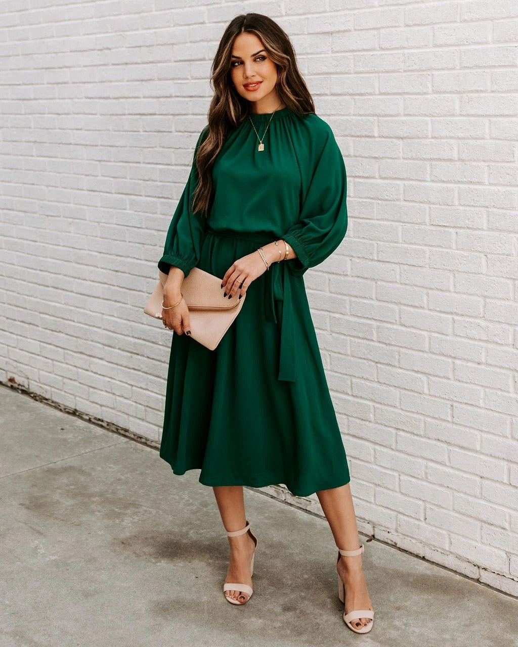 Elegant Office Dress Formal Loose Green Long Sleeve Belt ALine Midi Dresses