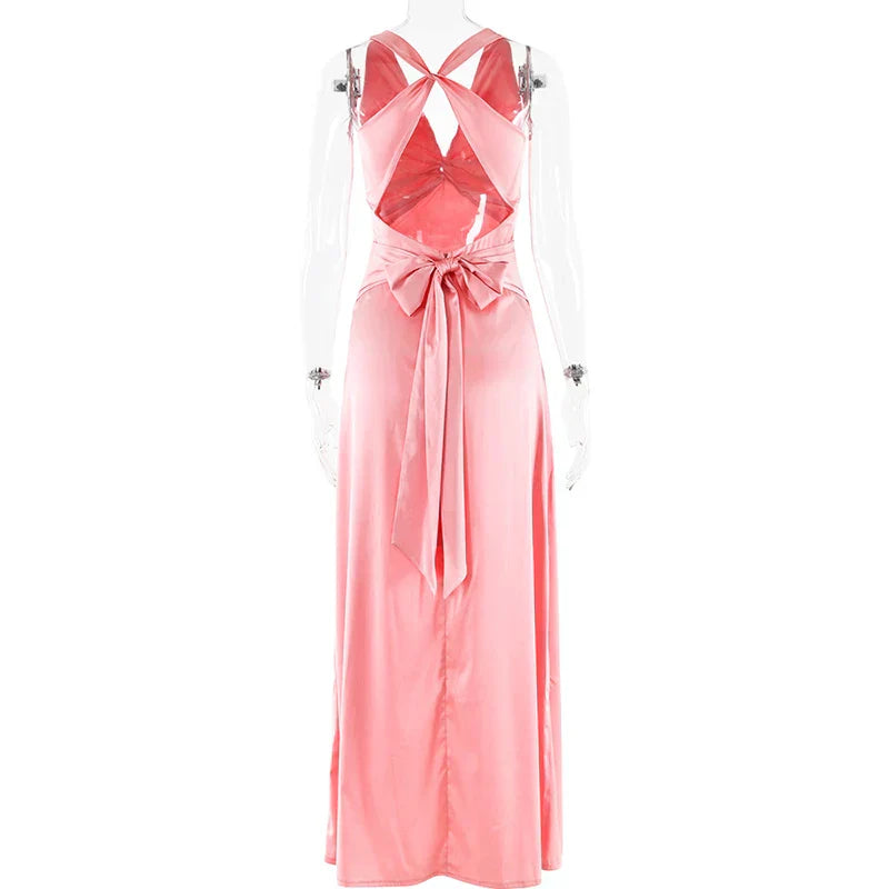 V Neck Sleeveless Satin Bow Backless Maxi Dress