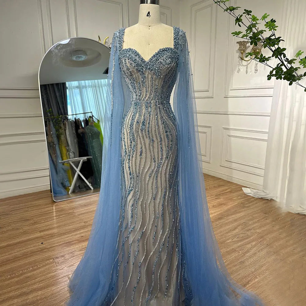 Zapdress Blue Mermaid Beaded Evening Dresses with Cape Sleeves Wedding Party Gowns for Women DLA71715 Customized (ZD17247) - VelvetHem