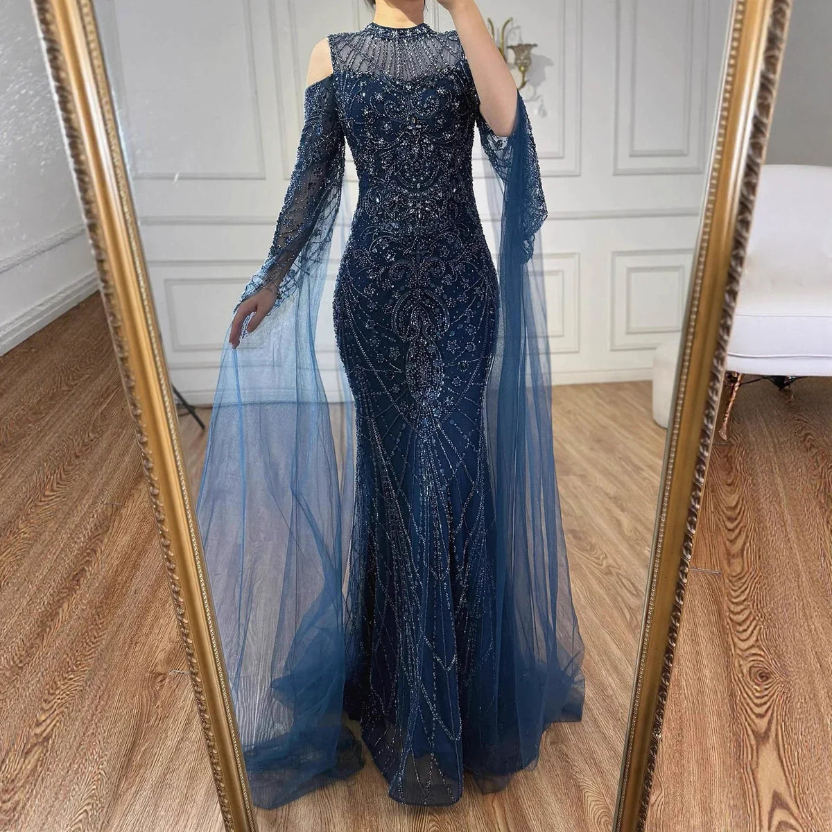 Zapdress Navy Blue O-neck Cold Shoulder Mermaid Beaded Evening Dress Party Gowns with Cape Sleeves Customized (ZD17373) - VelvetHem