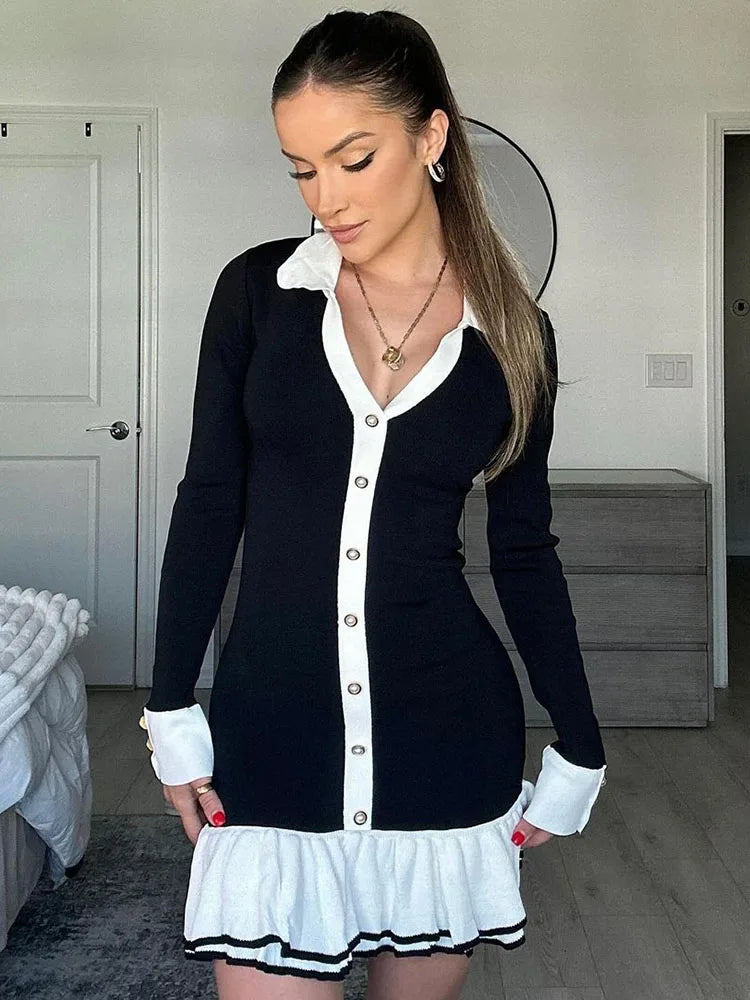Ruffled Contrast Bow Open Back Lace - Up Knit Mini Dress
