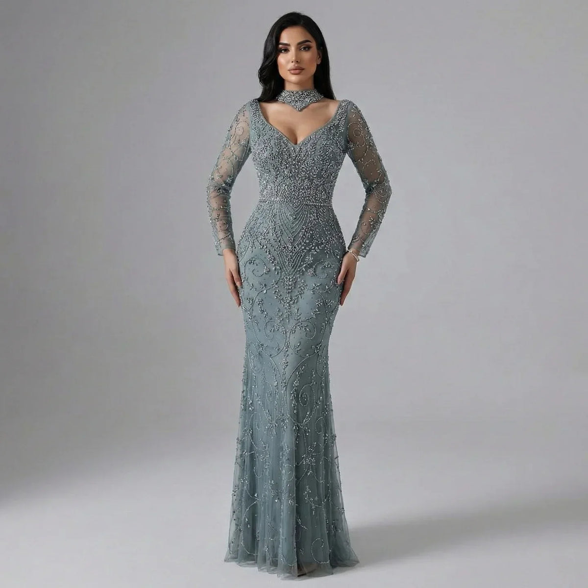 Zapdress Customized Turquoise Evening Dresses with Neck Lace 2026 Long Sleeves Mermaid Beaded Elegant Party Gowns DLA73042B (ZD17172) - VelvetHem