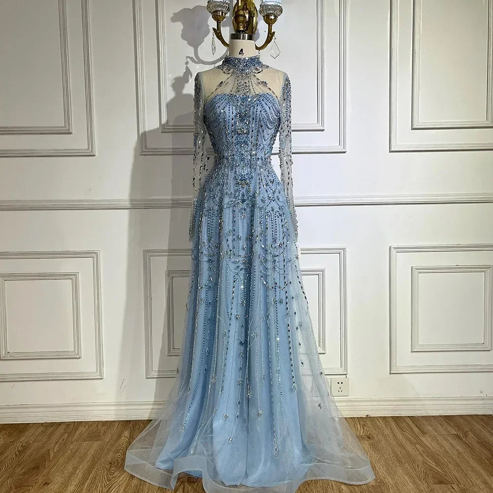 Zapdress Caramel A-Line Long Sleeves Muslim Evening Gowns Luxury Beaded Party Dress for Women 2025 Customized (ZD17270)