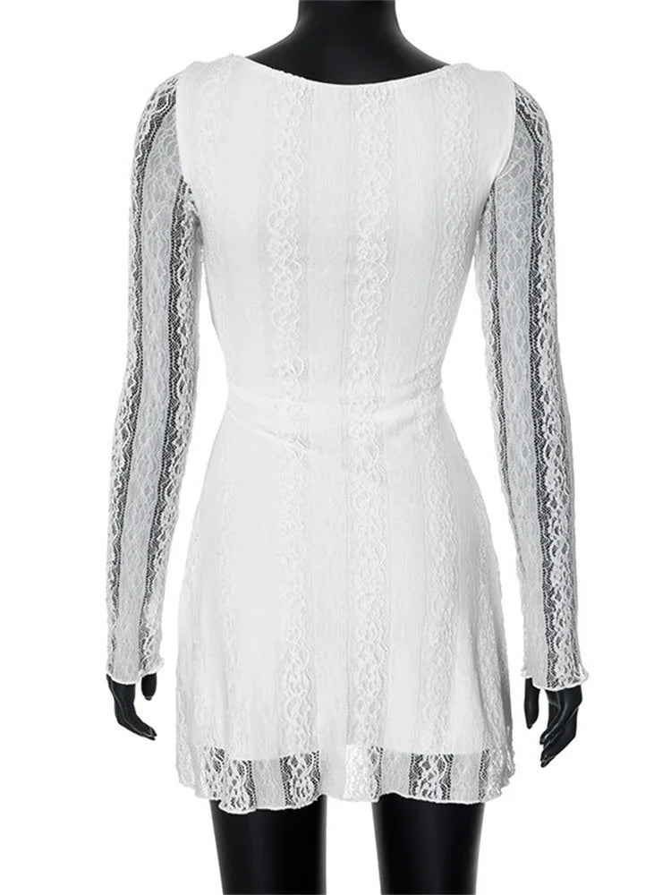 White Lace See Through Mini Dress For Women Fashion High Waist Patchwork Slim Elegant Party Dress Gown Ladies Solid Dress